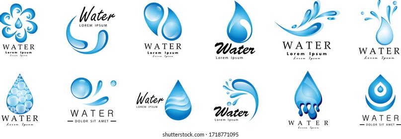 Water Splash Vector And Drop Set - Isolated On White. Abstract Vector Collection Of Flat Water Splash and Drop Logo. Icons For Droplet, Water Wave, Rain, Raindrop, Company Logo And Bubble Design