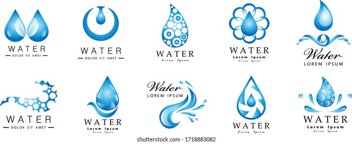 Water Splash Vector And Drop Set - Isolated On White. Abstract Vector Collection Of Flat Water Splash and Drop Logo. Icons For Droplet, Water Wave, Rain, Raindrop, Company Logo And Bubble Design
