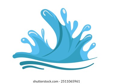 Ilustración vectorial de salpicaduras de agua creada en un estilo plano y dinámico utilizando varios tonos de azul diseñado con líneas fluidas y suaves