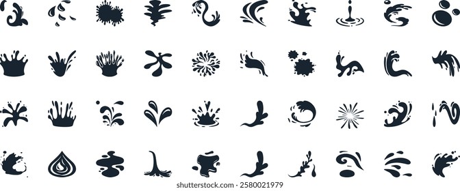 Water splash vector set, 40 designs of black splash icons, wave graphics, liquid clipart, ocean elements, aquatic illustrations, wave patterns, fluid effects, clean design, dynamic visuals