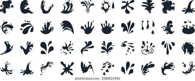 Water splash vector set, 40 designs of black splash icons, wave graphics, liquid clipart, ocean elements, aquatic illustrations, wave patterns, fluid effects, clean design, dynamic visuals