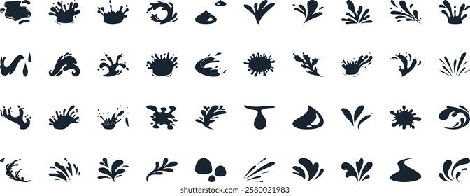 Water splash vector set, 40 designs of black splash icons, wave graphics, liquid clipart, ocean elements, aquatic illustrations, wave patterns, fluid effects, clean design, dynamic visuals