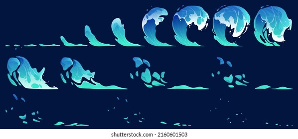 Water splash vfx animation sprite sheet. Stages of aqua splashing motion design elements, sequence frame. Cartoon blue ocean or sea stream with drops and splatters, fx storyboard Vector illustration