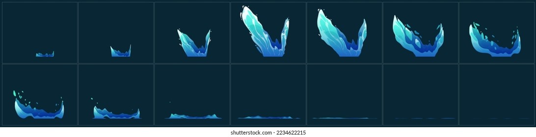 Water splash vfx animation sprite sheet. Stages of liquid aqua splashing motion design elements, sequence frame. Cartoon blue crown splatter stream with drops, fx storyboard Vector illustration