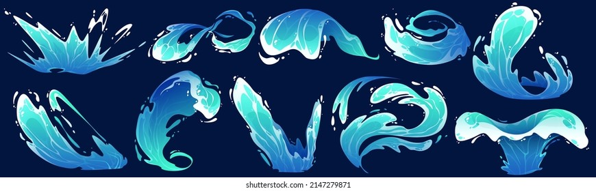 Water splash, vfx game cartoon video effects set. 2d liquid drops, crowns, flow and falling swirls isolated design elements. Blue water spray motion, spatter blast, drip or ripple, Vector illustration