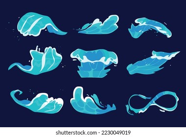 Water splash, vfx game cartoon video effects set. 2d liquid drops, crowns, flow and falling swirls isolated design elements. Blue water spray motion, spatter blast, drip or ripple, Vector illustration