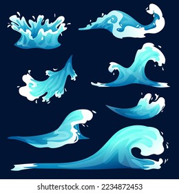 Water splash, vfx game cartoon set. Blue water spray motion, spatter blast, drip or ripple, Vector illustration