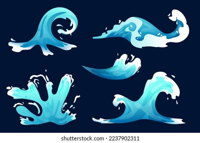 Derrame de agua, juego vfx de dibujos animados de efectos de vídeo. Caricatura azul océano o flujo marino con gotas y salpicaduras, guión gráfico fx Ilustración vectorial