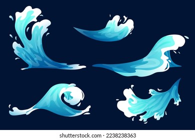 Derrame de agua, juego vfx de dibujos animados de efectos de vídeo. Caricatura azul océano o flujo marino con gotas y salpicaduras, guión gráfico fx Ilustración vectorial