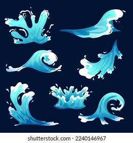 Water splash, vfx game cartoon video effects set. Cartoon blue ocean or sea stream with drops and splatters, fx storyboard Vector illustration