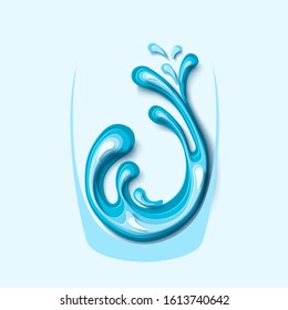 Water splash with waterdrops in glass in paper cut style logo design. Fresh drink water vector concept