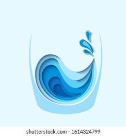 Water splash with waterdrops in glass in paper cut style logo design. Fresh drink water vector concept