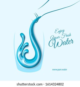 Water splash with waterdrops in glass in paper cut style logo design. Fresh drink water vector concept