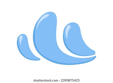 Water splash, wave, flow. Clean pure fresh aqua splatter. Drops, waterdrops, blue liquid blobs in motion. Refreshing cold fluid element. Flat vector illustration isolated on white background
