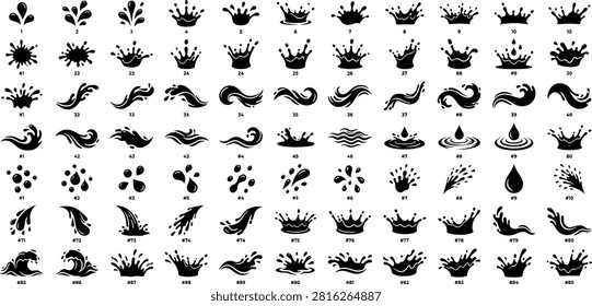 Water splash and wave ripple silhouette mega vector bundle featuring liquid ink blots crown crown splash and ocean droplet icons