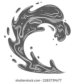 Esplandor de agua de ondas de imagen vectorial de icono de glifo. Estampilla de marea curvada o oceánica con espuma y manchas, movimiento de flujo de torrente con burbujas, surf de verano en la playa con spray de agua y salpicaduras de agua