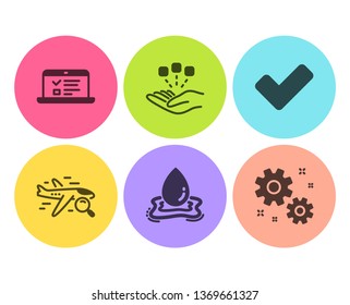 Water splash, Web lectures and Search flight icons simple set. Tick, Consolidation and Work signs. Aqua drop, Online test. Flat water splash icon. Circle button. Vector