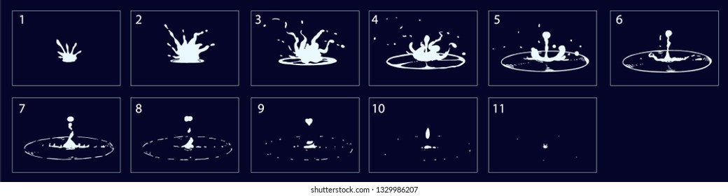 Water splashes animation. Water sprite sheet for game or cartoon. 2d classic animation water effect. – Vector