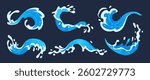 Water splashes. Aqua liquid drops, blue transparent water splashes, blue flows and waves flat vector illustration set. Clean water splash collection