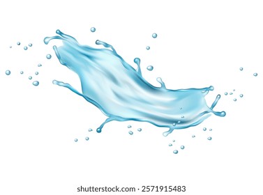 Water splashes, aqua texture swirl with drops, realistic splash water vector illustration. flowing purity drops, drink 3d element. Wave smooth droplets and wave, falling fresh water