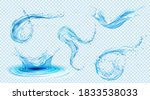 Water splashes, blue liquid waves with swirls and drops. Vector realistic set of flowing and falling clear pure aqua, fluid splashing isolated on transparent background
