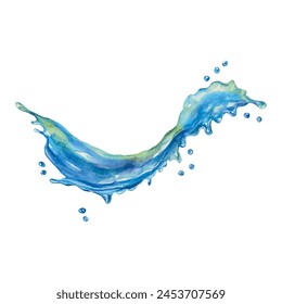 Salpicaduras de agua, ondas líquidas azules con gotas. Acuarela. Ilustración vectorial dibujada a mano para tarjetas, invitaciones, etiquetas, cubiertas, carteles.