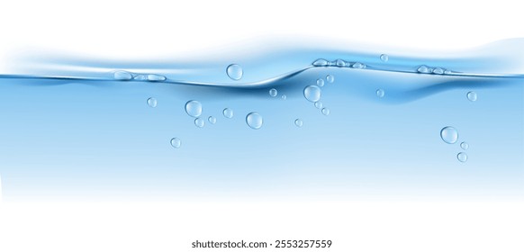 El agua salpica con burbujas, olas y superficie de piscina, océano o mar, río o agua dulce. Vector aislado masa realista de agua salpicando bajo el agua. Lavado o buceo textura, bebida fría con espuma