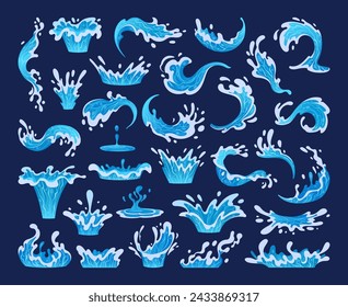 Salpicaduras de agua. Dibujos animados agua salpicando, olas oceánicas azules, gotas y flujos de agua, agua transparente salpicadura plana vector conjunto de ilustración. Colección de movimiento de agua limpia