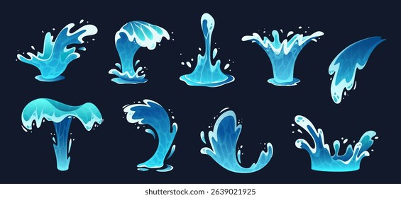 Water splashes. Cartoon blue water splash and sea wave forms with drops, ocean swirls, tidal liquid flows with foam and ripple. Game and summer pool design. Isolated vector marine elements.