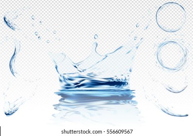 Water splashes collection  Blue transparent vector splash crown and ripple reflection  spray and drops isolated  3d illustration vector  aqua surface background created and gradient mesh tool