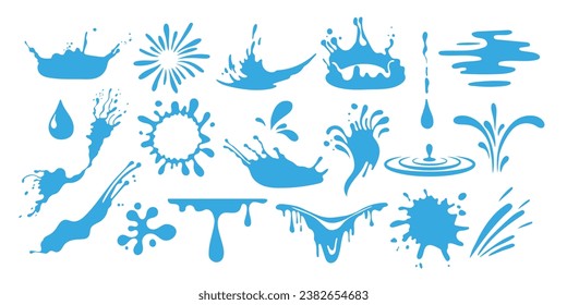 Water splashes collection in a flat design. Set of water splash.Blue dripping water drops, splashes, sprays and tears. Liquid flow, wave, stream and puddles. 