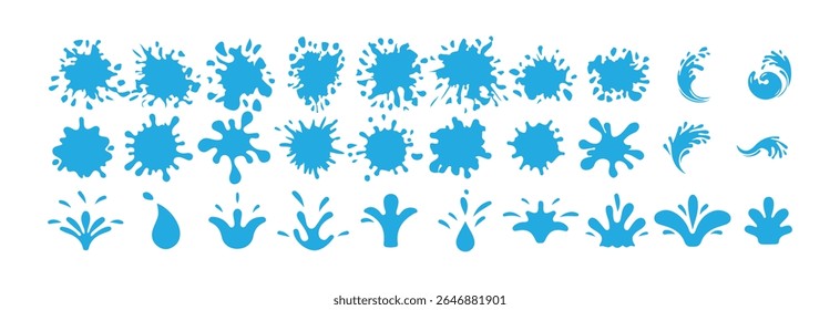 Water splashes collection in flat design. Cartoon water splash. Fluid drop, puddles and splats. Nature blue liquid form icon set.  Victor illustration eps 10