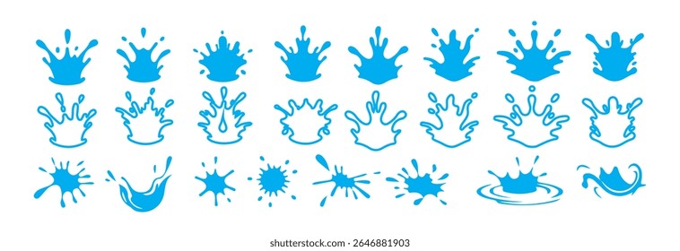 Água respinga coleção em design plano. Banho d'água. Queda de fluidos, poças e ripas. Conjunto de ícones de forma líquida azul natural.  Ilustração Victor eps 10