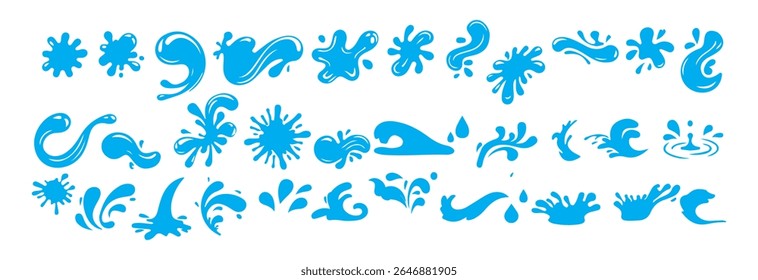 Water splashes collection in flat design. Cartoon water splash. Fluid drop, puddles and splats. Nature blue liquid form icon set.  Victor illustration eps 10