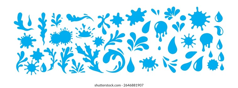 Água respinga coleção em design plano. Banho d'água. Queda de fluidos, poças e ripas. Conjunto de ícones de forma líquida azul natural.  Ilustração Victor eps 10