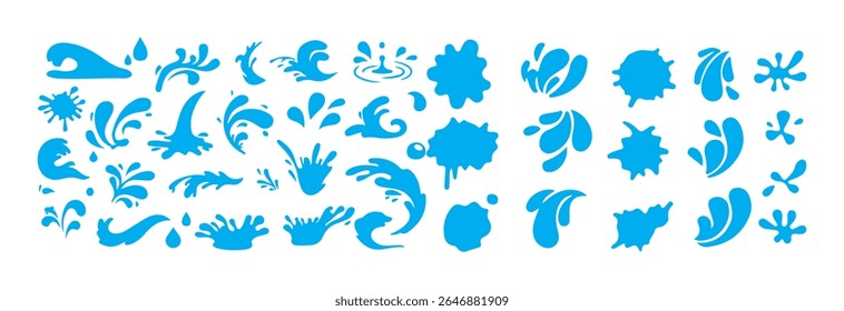 Water splashes collection in flat design. Cartoon water splash. Fluid drop, puddles and splats. Nature blue liquid form icon set.  Victor illustration eps 10