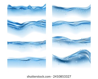 Water splashes and drops on surface with bubbles of air. Vector isolated realistic liquid with droplets, wave and motion against glass. Fluid in container side view, beverage or pure aqua