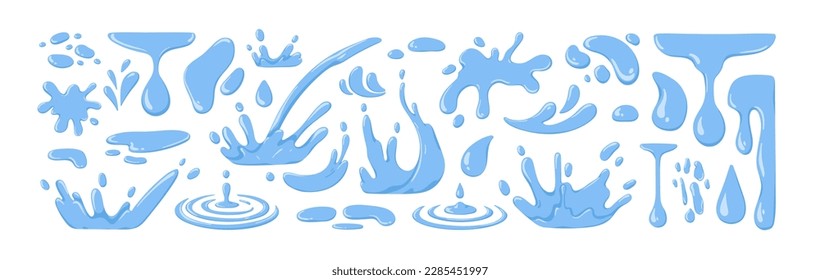 salpicaduras de agua, gotas puestas. Aqua en movimiento, líquido azul cayendo, goteando, fluyendo. Dropletas, salpicaduras, fluidos limpios frescos, pulverizaciones, ondas. Ilustraciones vectoriales planas aisladas en fondo blanco