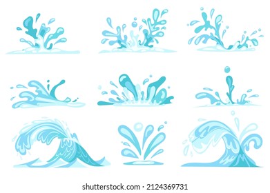 Water with splashes and drops set isolated elements. Bundle of fresh and clean aqua, pure and blue water, ocean waves and liquid with different shapes. Vector illustration in flat cartoon design.