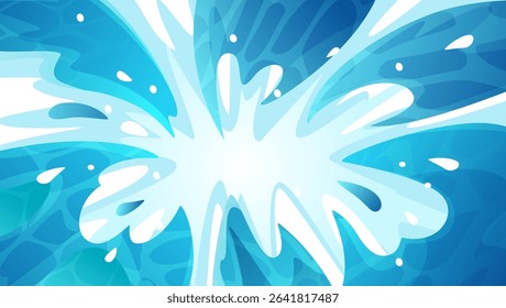 Water splashes explosion. Dynamic blue water splash with fluid motion and drops, water burst for summer swimming pool ads, comic aquatic anime game texture. Vector cartoon abstract background.