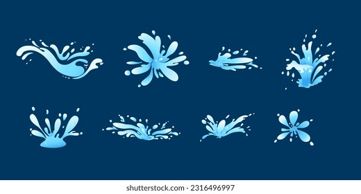 water splashes, falling aqua drops, sea or ocean waves and swirl. Blue water motion effects, flows, streams, spills and crown shape isolated on background, vector cartoon set