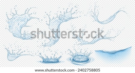 Water splashes with falling drops realistic vector illustration set. Splattering liquid with droplets 3d elements on transparent background