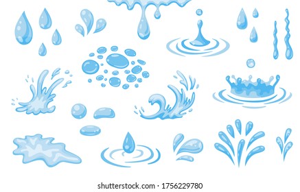 Water splashes flat icon set. Vector illustration of sea waves, fountain spray, wet surface, drop shapes. Water symbol elements for creative design