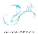 Water Splashes flow shapes with drops, shower and waves illustration isolated white color background. liquid transparent splashing with droplets,  clear aqua falling or pour with air bubbles