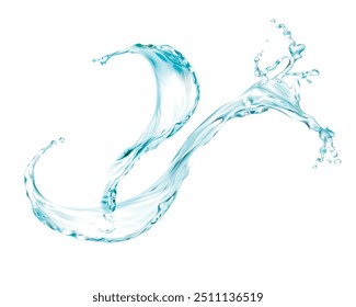 Water Splashes flow shapes with drops, shower and waves illustration isolated white color background. liquid transparent splashing with droplets,  clear aqua falling or pour with air bubbles