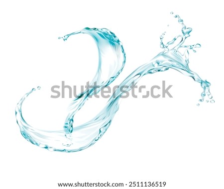 Water Splashes flow shapes with drops, shower and waves illustration isolated white color background. liquid transparent splashing with droplets,  clear aqua falling or pour with air bubbles