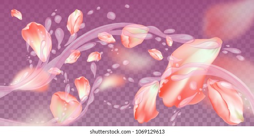 Water splashes with flowers and petals on a transparent background. Can be used for the design of cosmetics or detergents on a transparent film. Vector illustration.