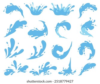 Salpicaduras de agua. Flujo de fluidos. Elementos de iconos para publicidad de entrega de agua. Agua azul. Ilustración vectorial