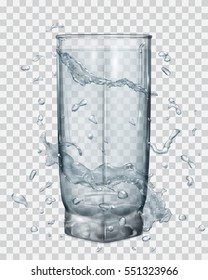 Water splashes in gray colors around a transparent glass. Transparency only in vector file