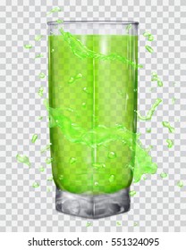 Water splashes in green colors around a transparent glass with juice. Transparency only in vector file